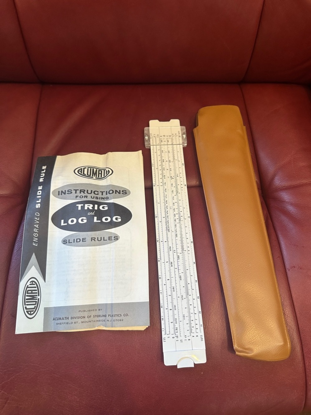 Vintage Acu-Math Trig & Log-Log Slide Rule with Tan Leatherette Case - White